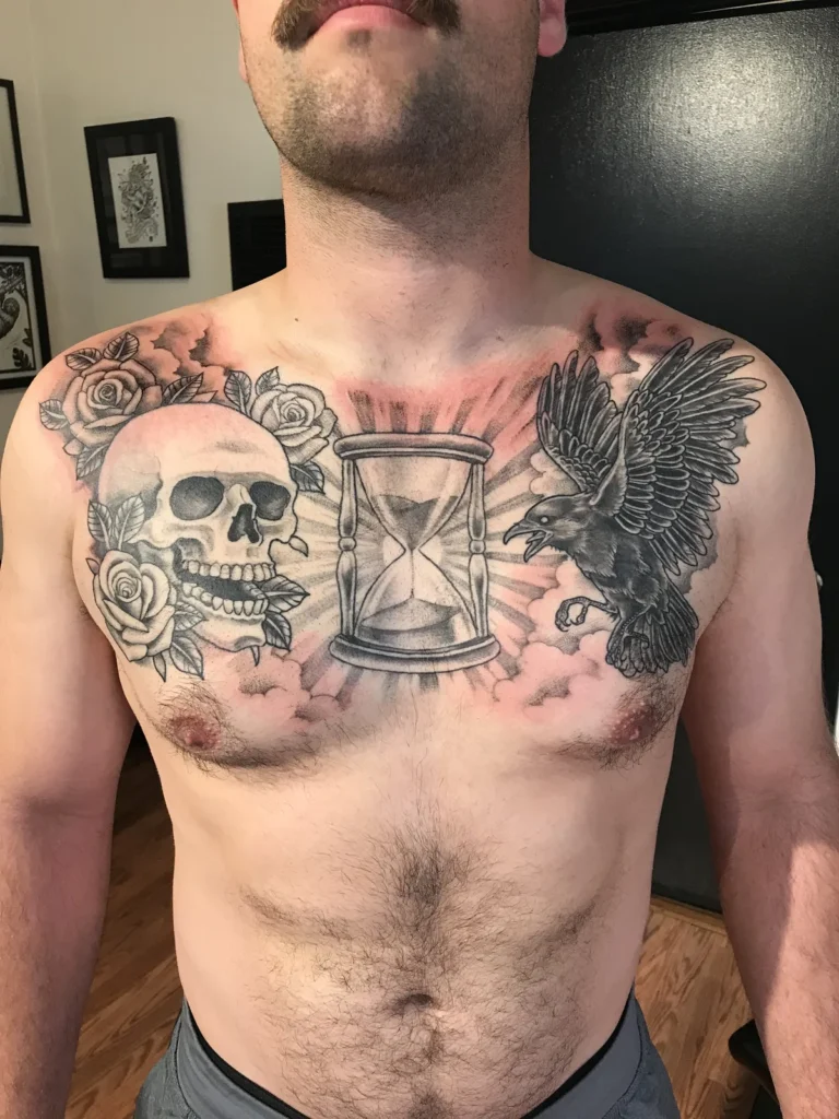 Chest piece with a skull and roses, an hourglass in rays of light, and a raven in flight